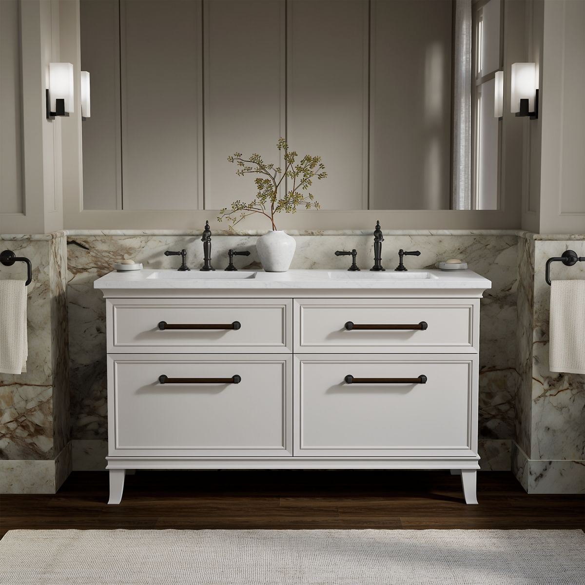 Artifacts™ 60" bathroom vanity cabinet with sinks and quartz top