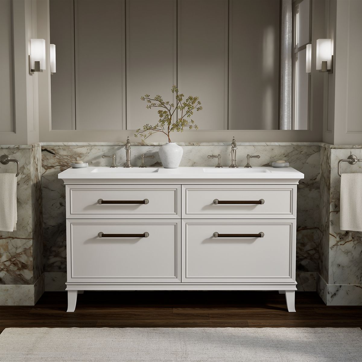 Artifacts™ 60" bathroom vanity cabinet with sinks and quartz top