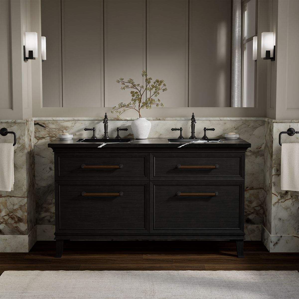 Artifacts™ 60" bathroom vanity cabinet with sinks and quartz top