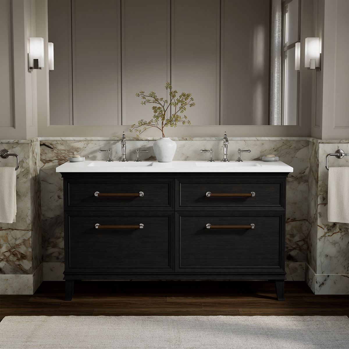 Artifacts™ 60" bathroom vanity cabinet with sinks and quartz top