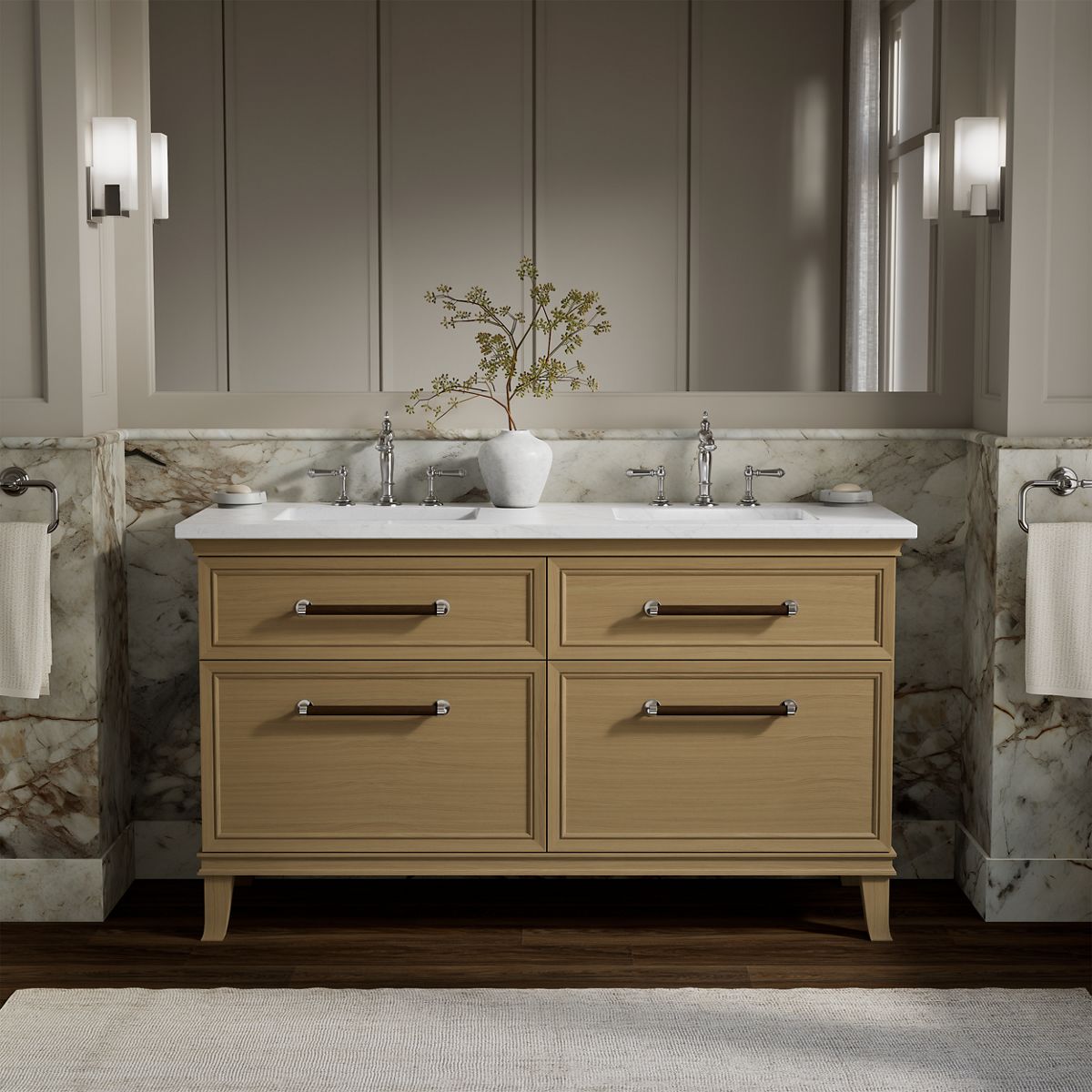 Artifacts™ 60" bathroom vanity cabinet with sinks and quartz top
