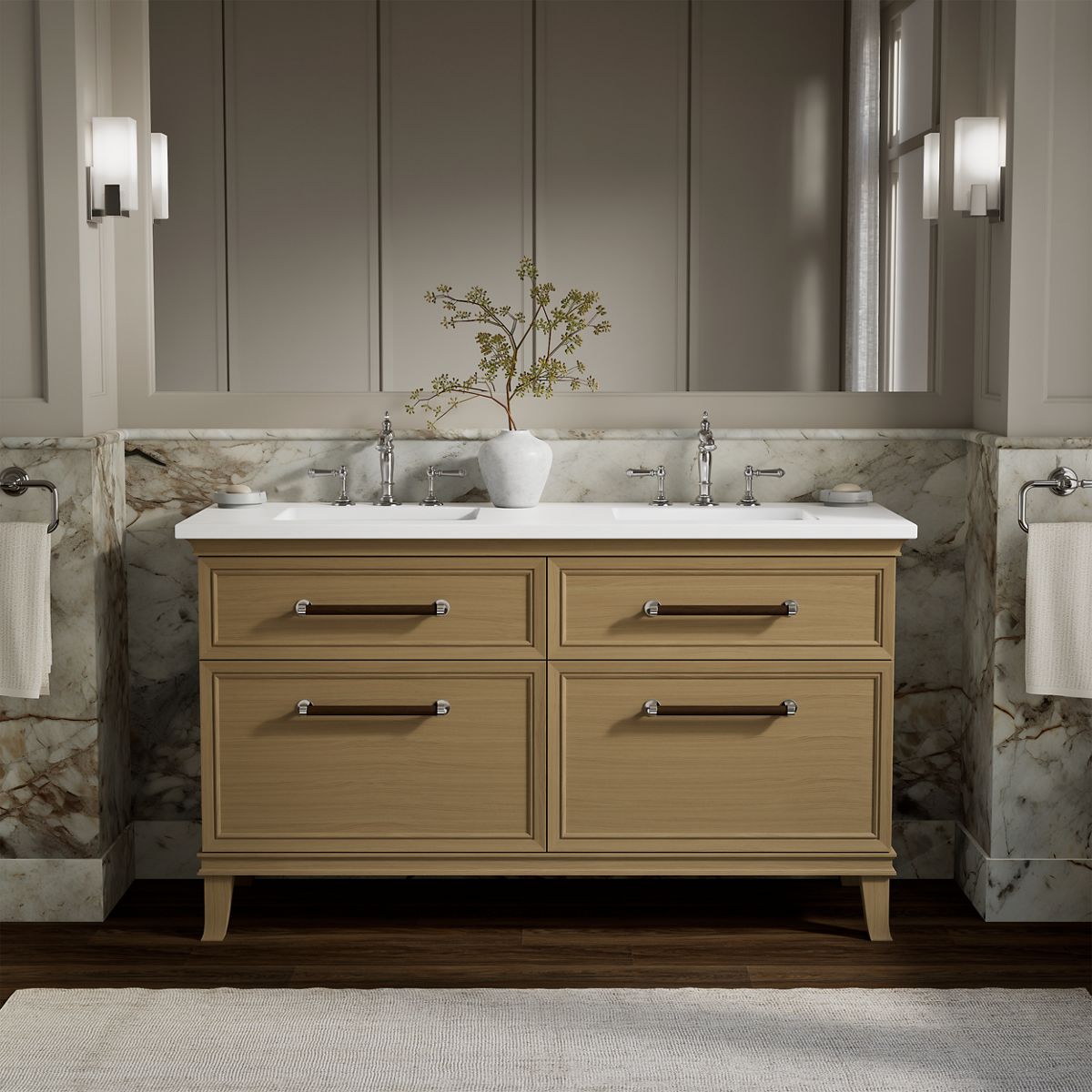 Artifacts™ 60" bathroom vanity cabinet with sinks and quartz top