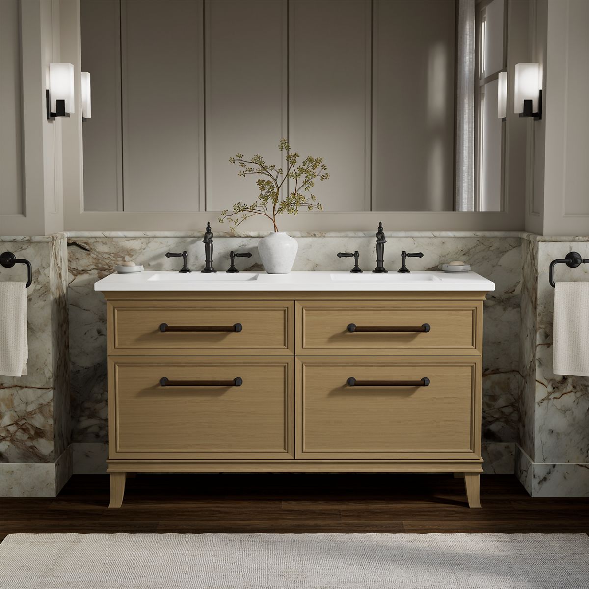 Artifacts™ 60" bathroom vanity cabinet with sinks and quartz top