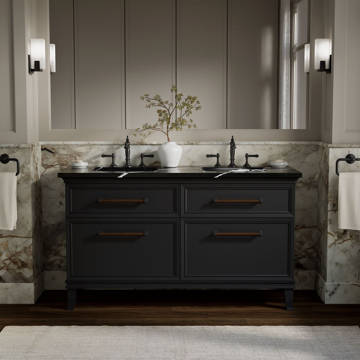 Artifacts™ 60" bathroom vanity cabinet with sinks and quartz top