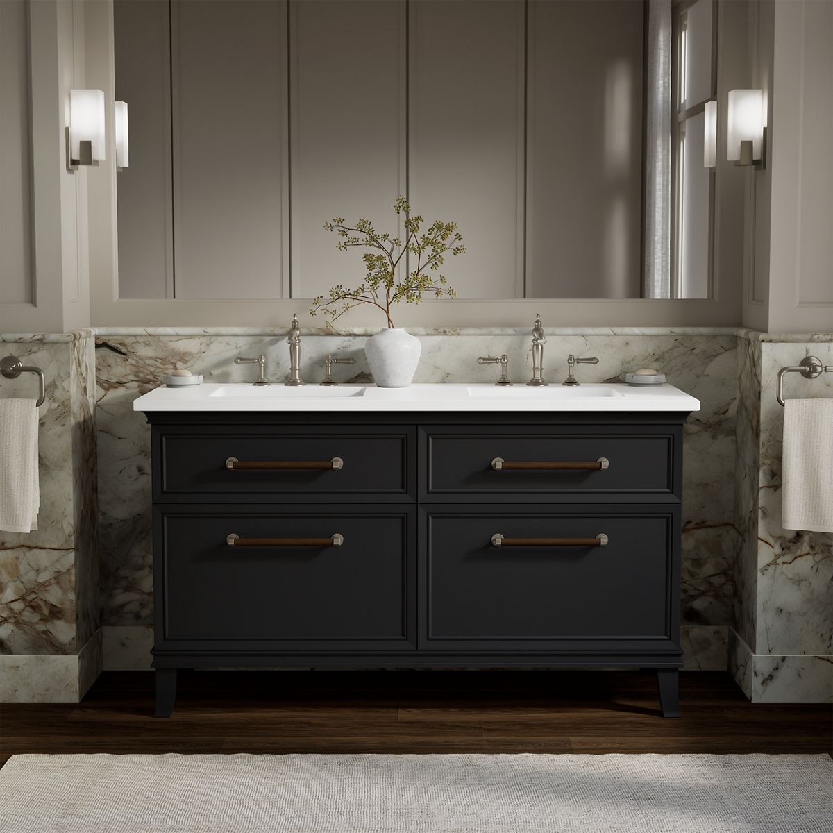 Artifacts™ 60" bathroom vanity cabinet with sinks and quartz top