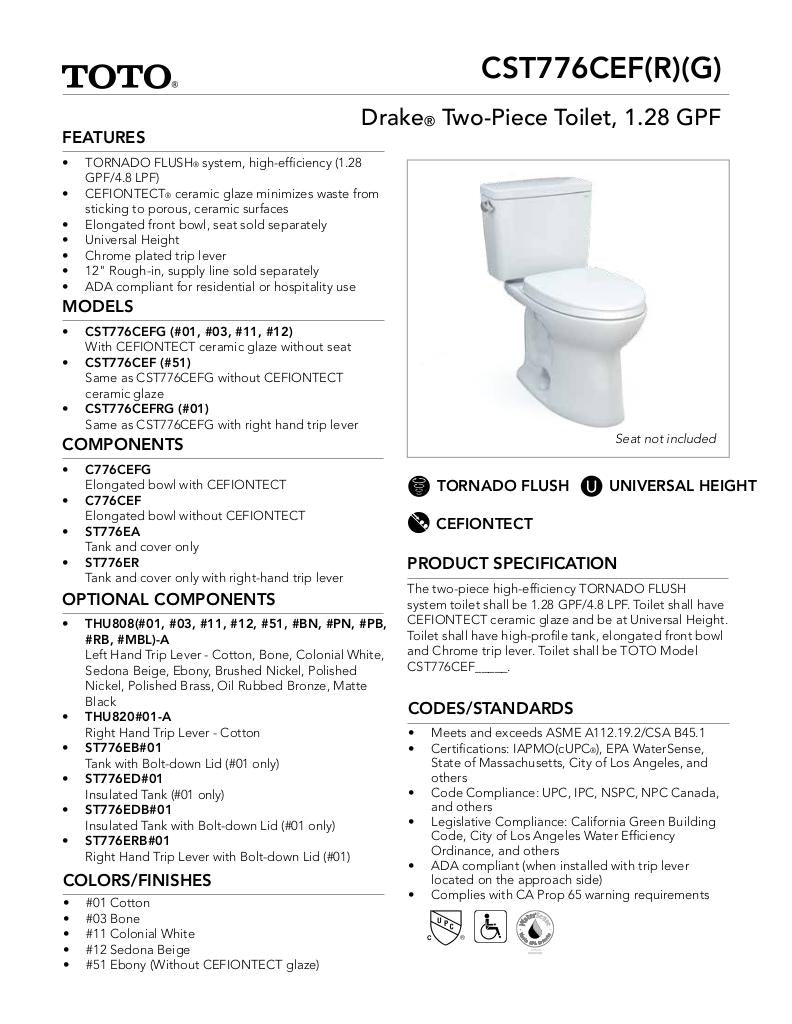 Drake Two-piece Toilet, 1.28 GPF, Elongated Bowl - Universal Height