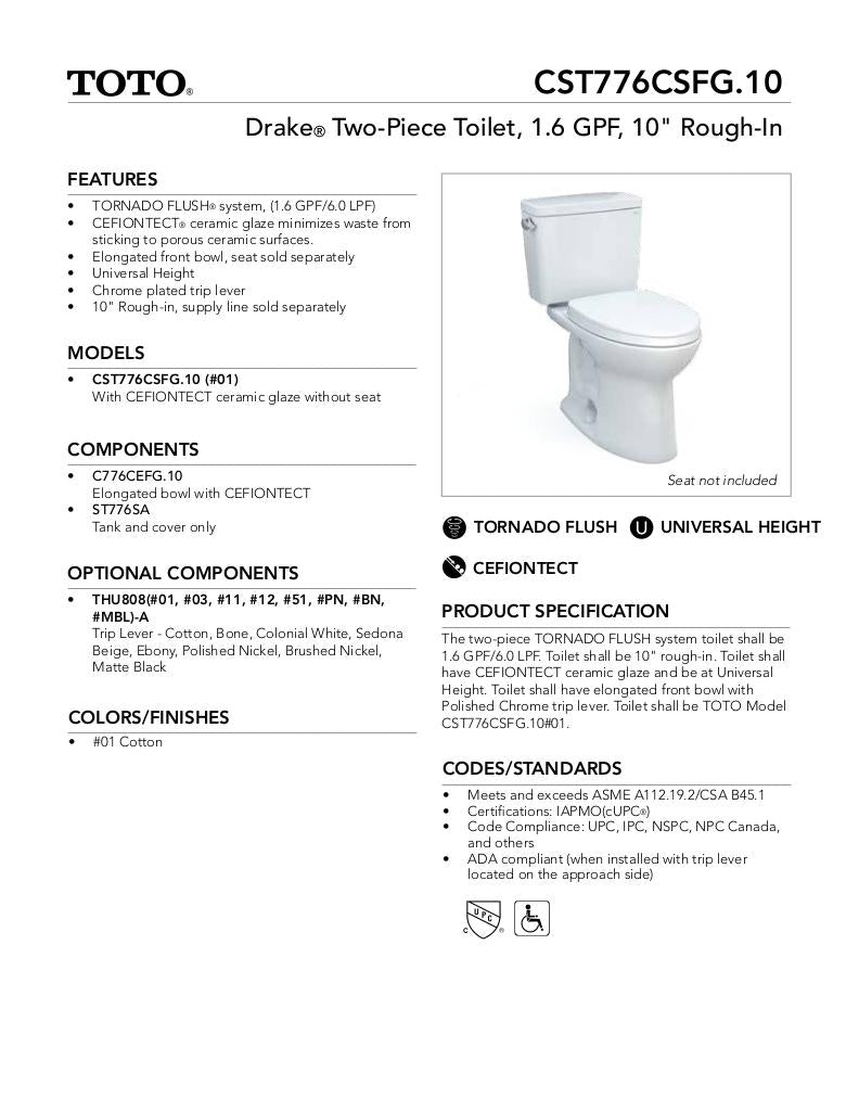 Drake Two-piece Toilet, 1.6 GPF, Elongated Bowl - Universal Height - 10inch Rough-In