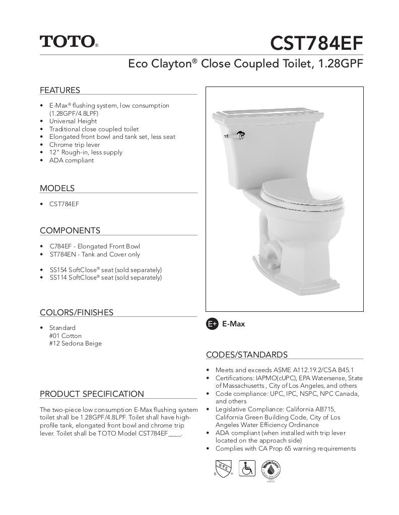 Eco Clayton Two-Piece Toilet, 1.28 GPF, Elongated Bowl
