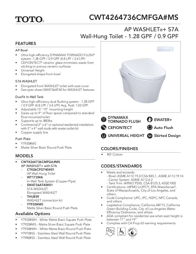 APWASHLET+ S7A Wall-Hung Toilet - 1.28 GPF & 0.9 GPF - Auto Flush