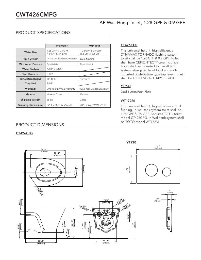 AP Wall-Hung Dual-Flush Toilet, 1.28 GPF & 0.9 GPF with DUOFITIn-Wall Tank Unit