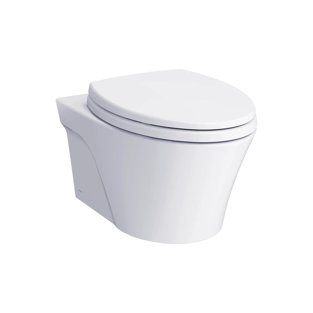 TOTO AP wall-hung dual-flush elongated toilet bowl in Cotton White, angled view with seat
