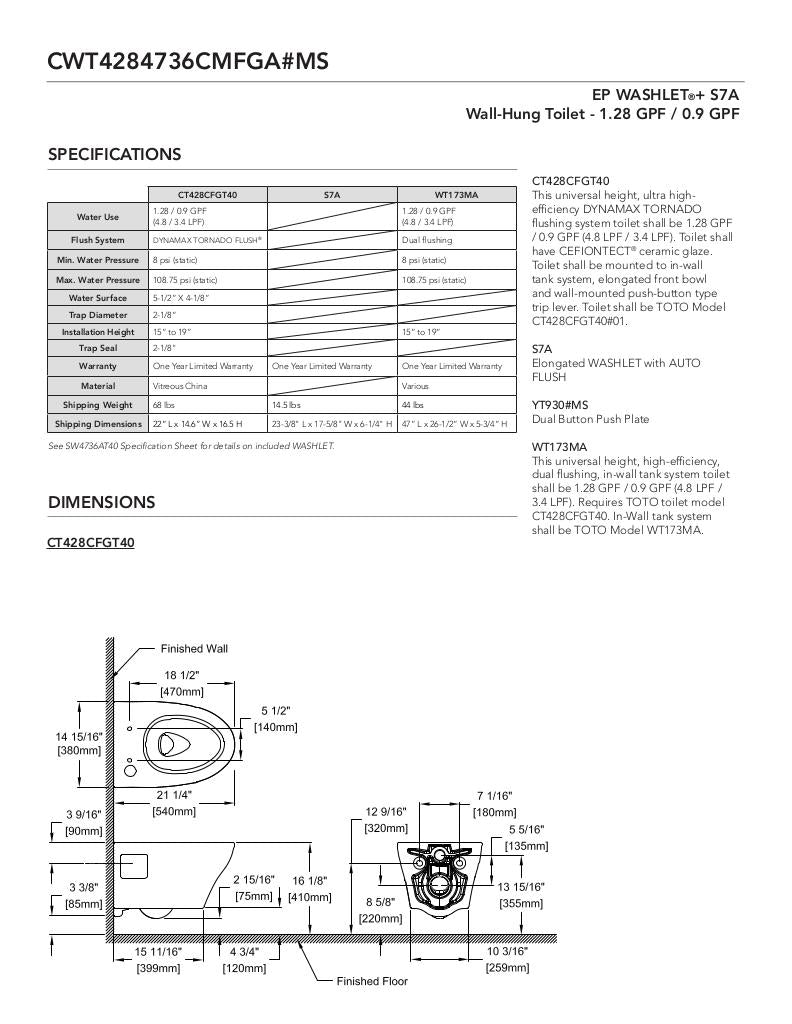 EPWASHLET + S7A Wall-Hung Toilet - 1.28 GPF & 0.9 GPF - Auto Flush