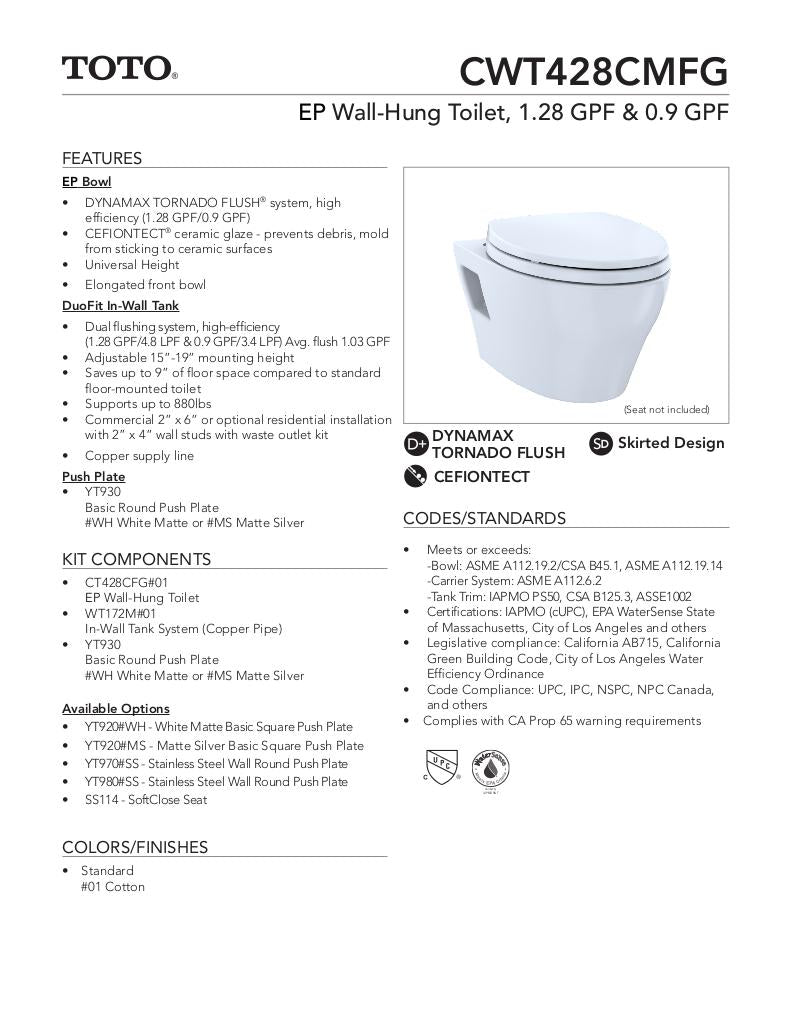 EP Wall-Hung Dual-Flush Toilet, 1.28 GPF & 0.9 GPF with DUOFIT In-Wall-Tank-Kit