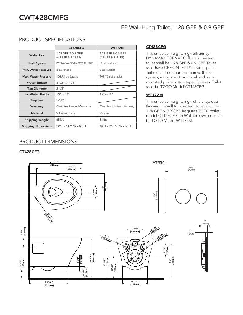EP Wall-Hung Dual-Flush Toilet, 1.28 GPF & 0.9 GPF with DUOFIT In-Wall-Tank-Kit