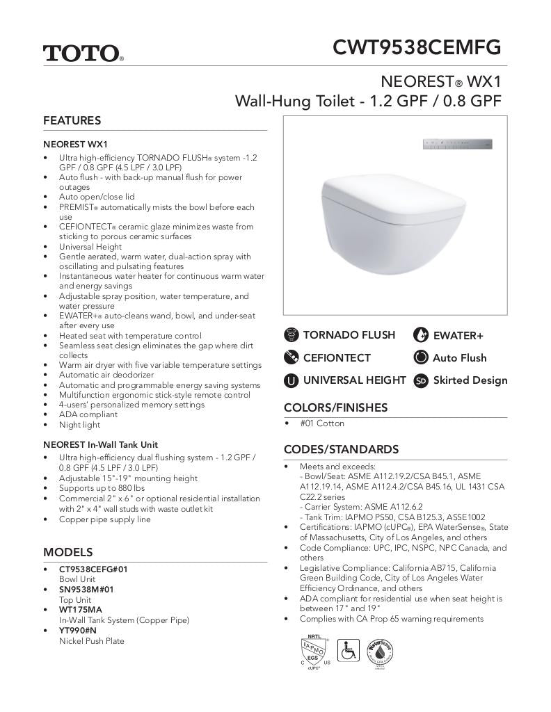 NEOREST WX1 Wall-Hung Toilet - 1.2 GPF & 0.8 GPF