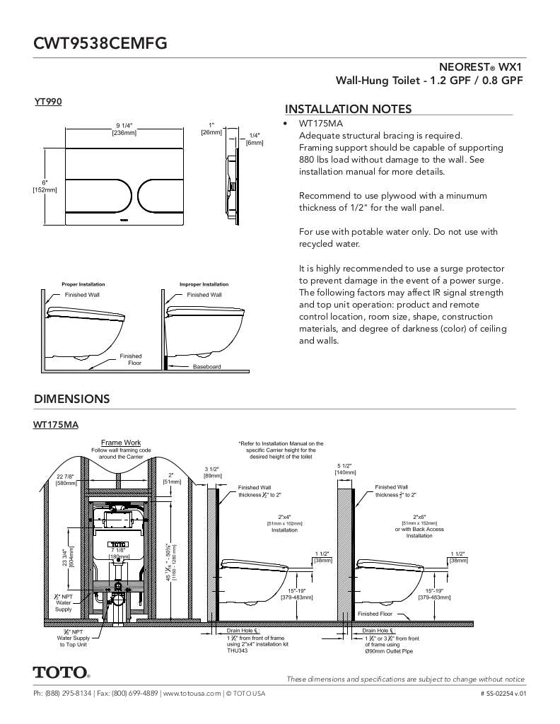 NEOREST WX1 Wall-Hung Toilet - 1.2 GPF & 0.8 GPF