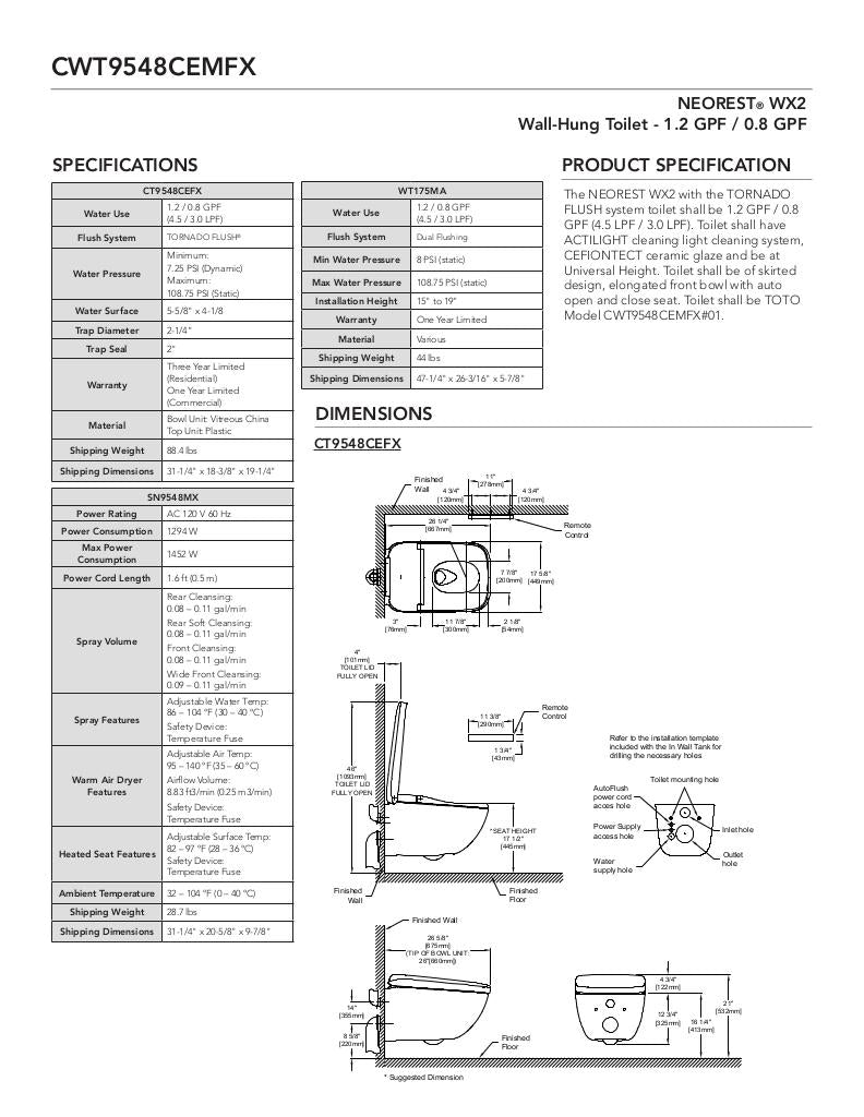 NEOREST WX2 Wall-Hung Toilet - 1.2 GPF & 0.8 GPF