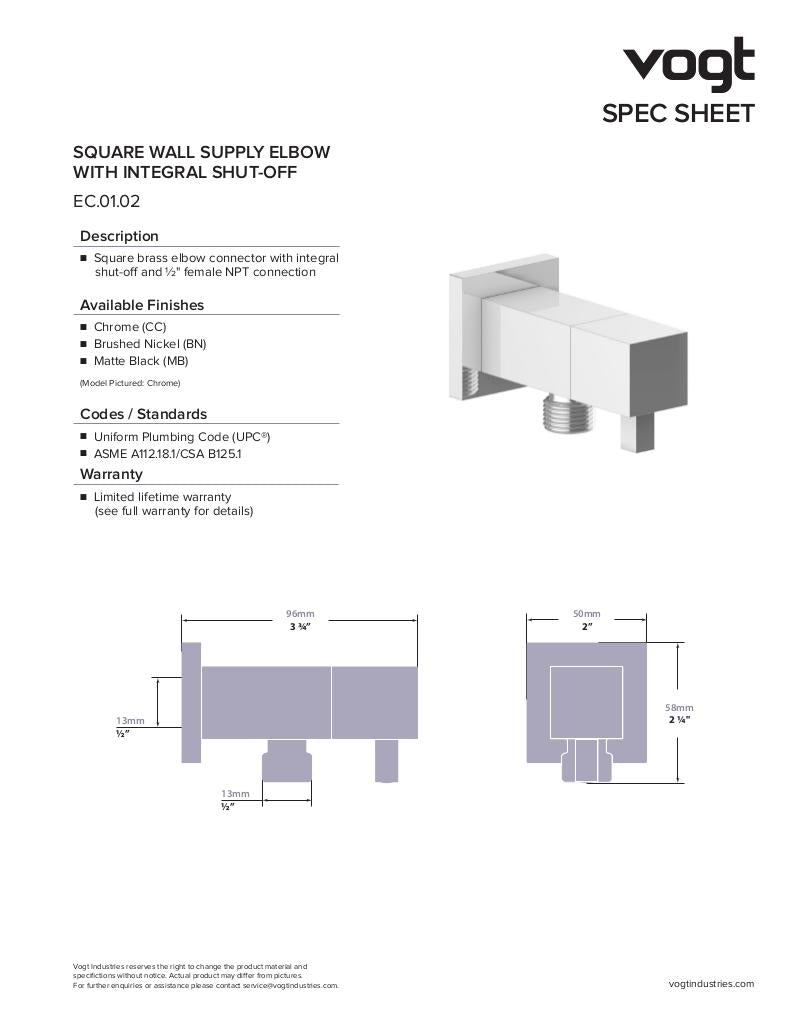 SQUARE BRASS ELBOW CONNECTOR WITH SHUT-OFF