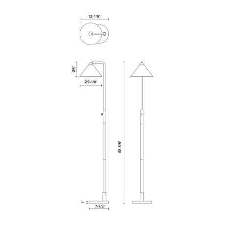 Alora Mood Remy 58-in floor lamp line drawing with top, side and front dimensions