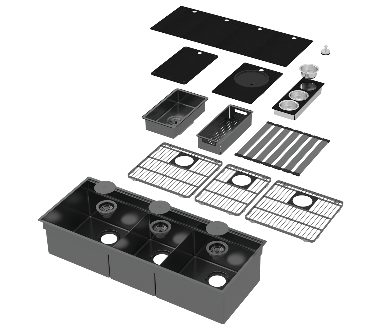 Integrato Q - Black Pearl 44" Black Pearl Triple Bowl 2-Tier Workstation Sink + Accessories Kit