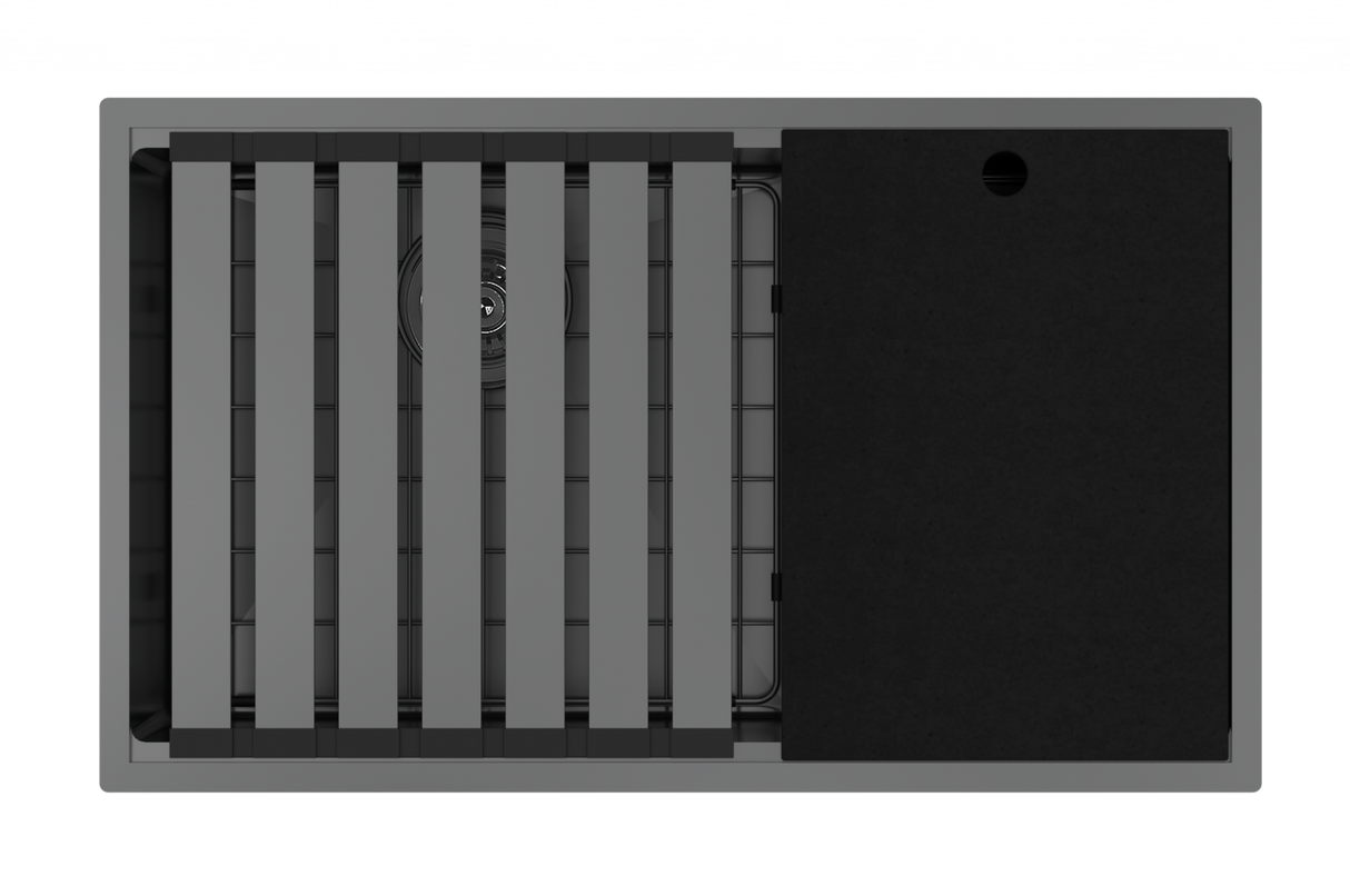 Integrato V2 - Black Pearl 31" 60/40 Double with cutting board, bottom grids, & roll-out mat