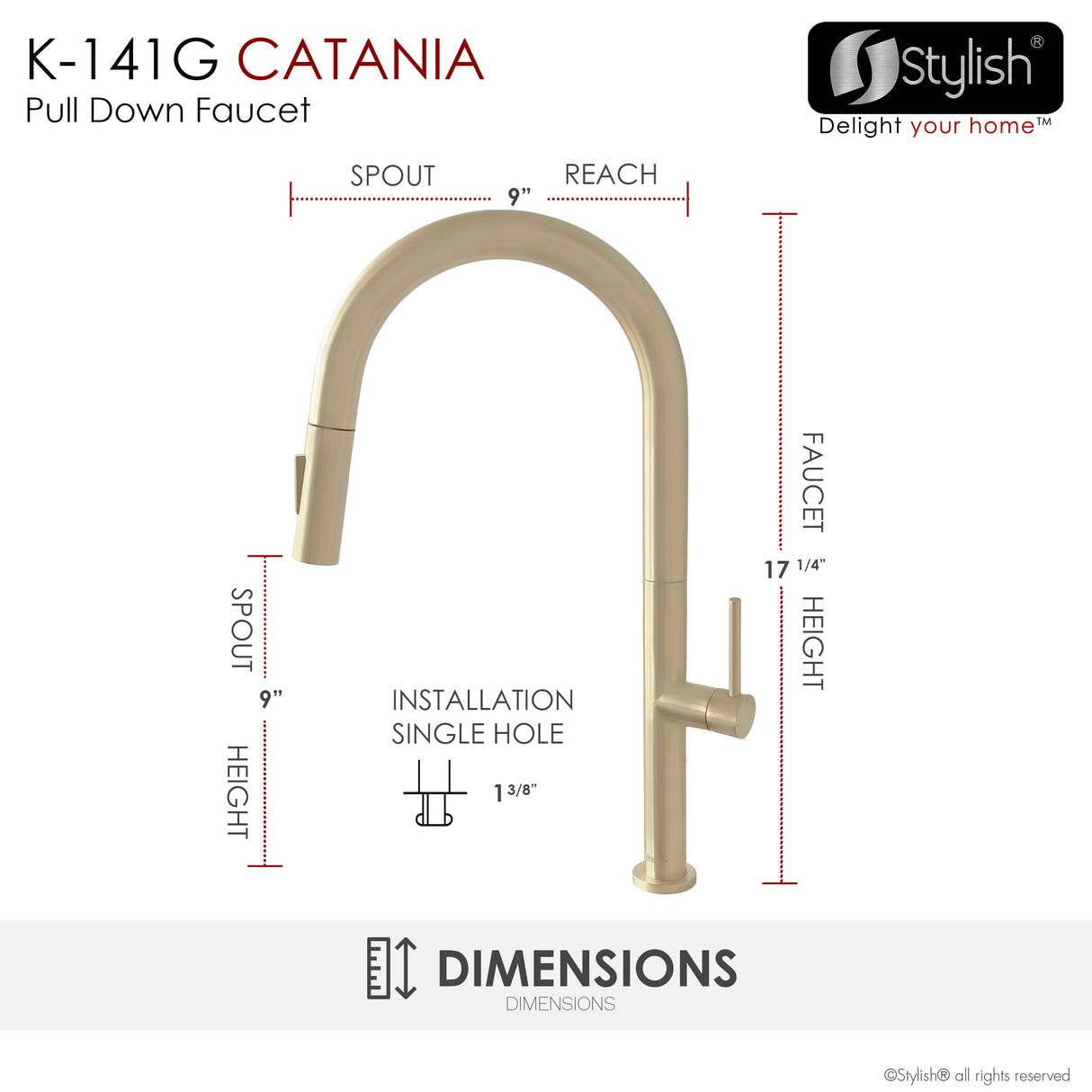 Catania Single Handle Brushed Gold Pull Down Kitchen Faucet