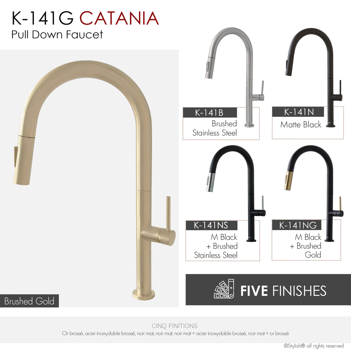 Catania Single Handle Brushed Gold Pull Down Kitchen Faucet