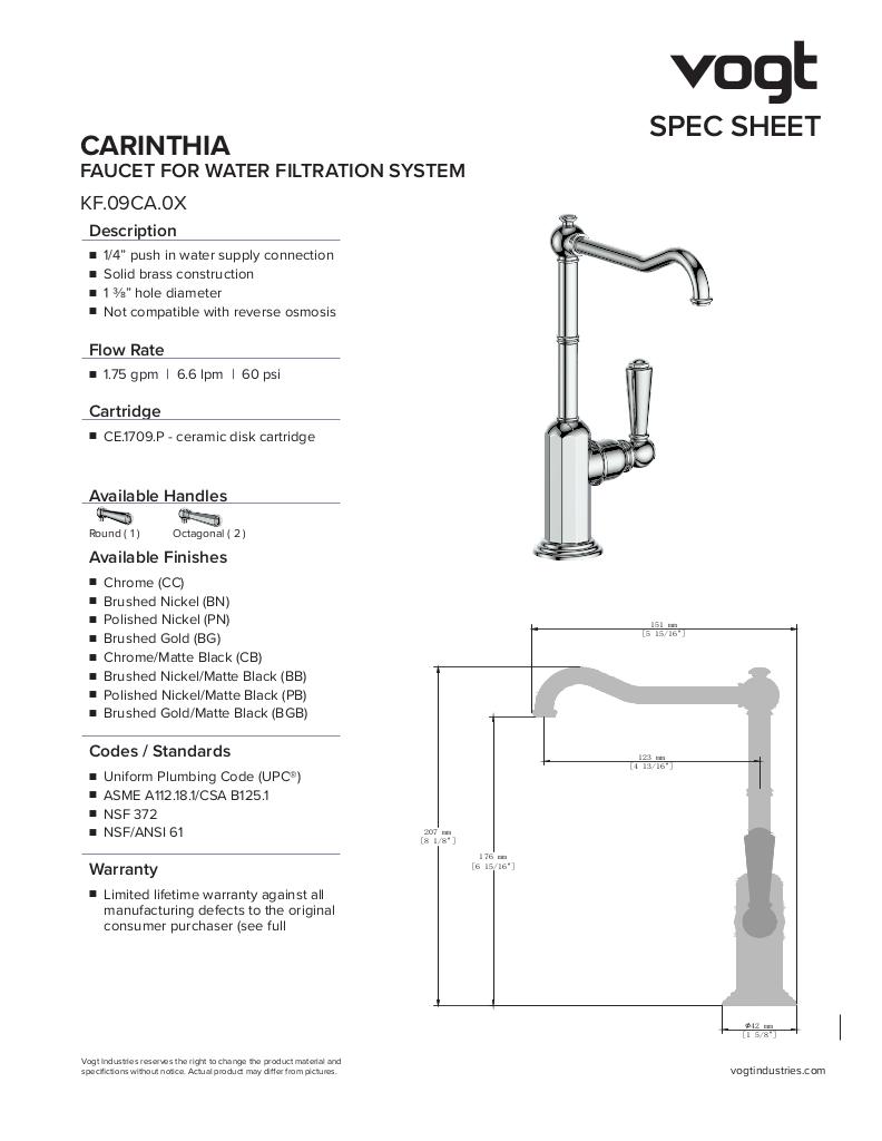 CARINTHIA FAUCET FOR WATER FILTRATION SYSTEM