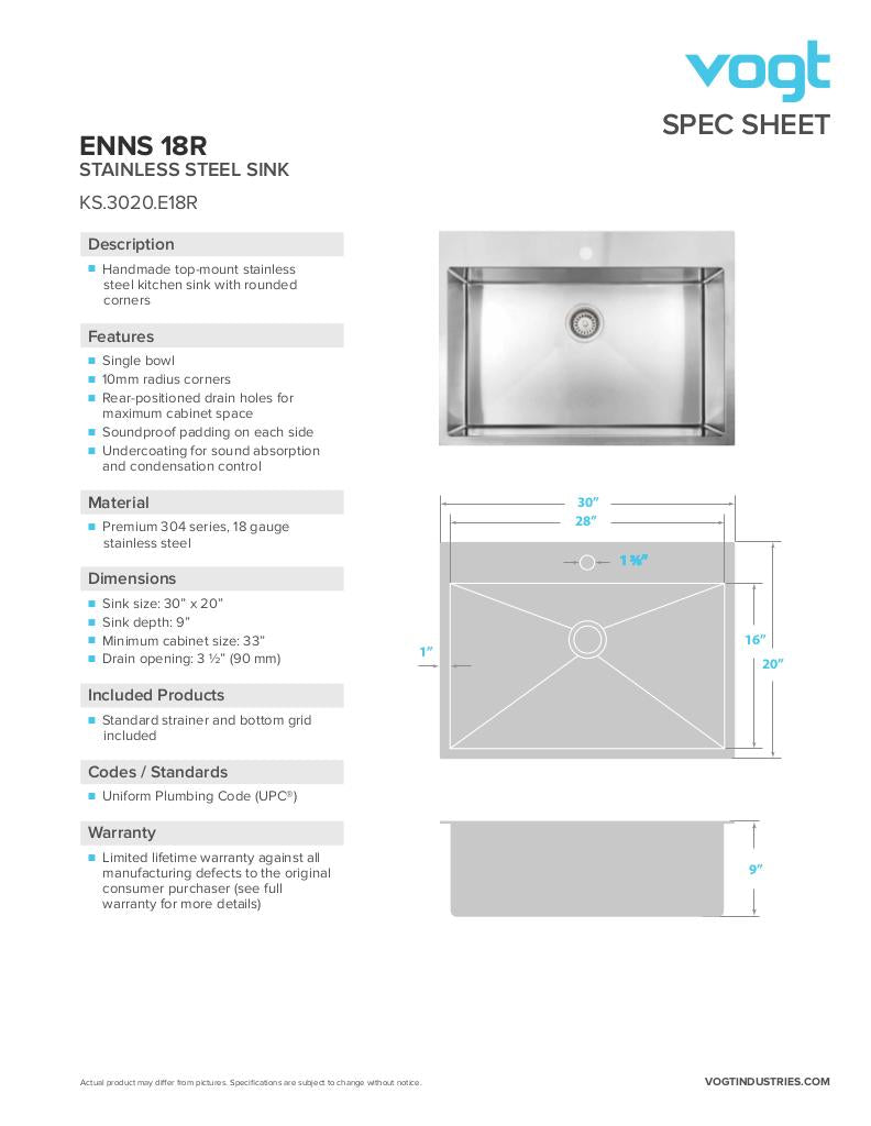 ENNS 18R - 30"x20"x9" WITH STRAINER AND BOTTOM GRID