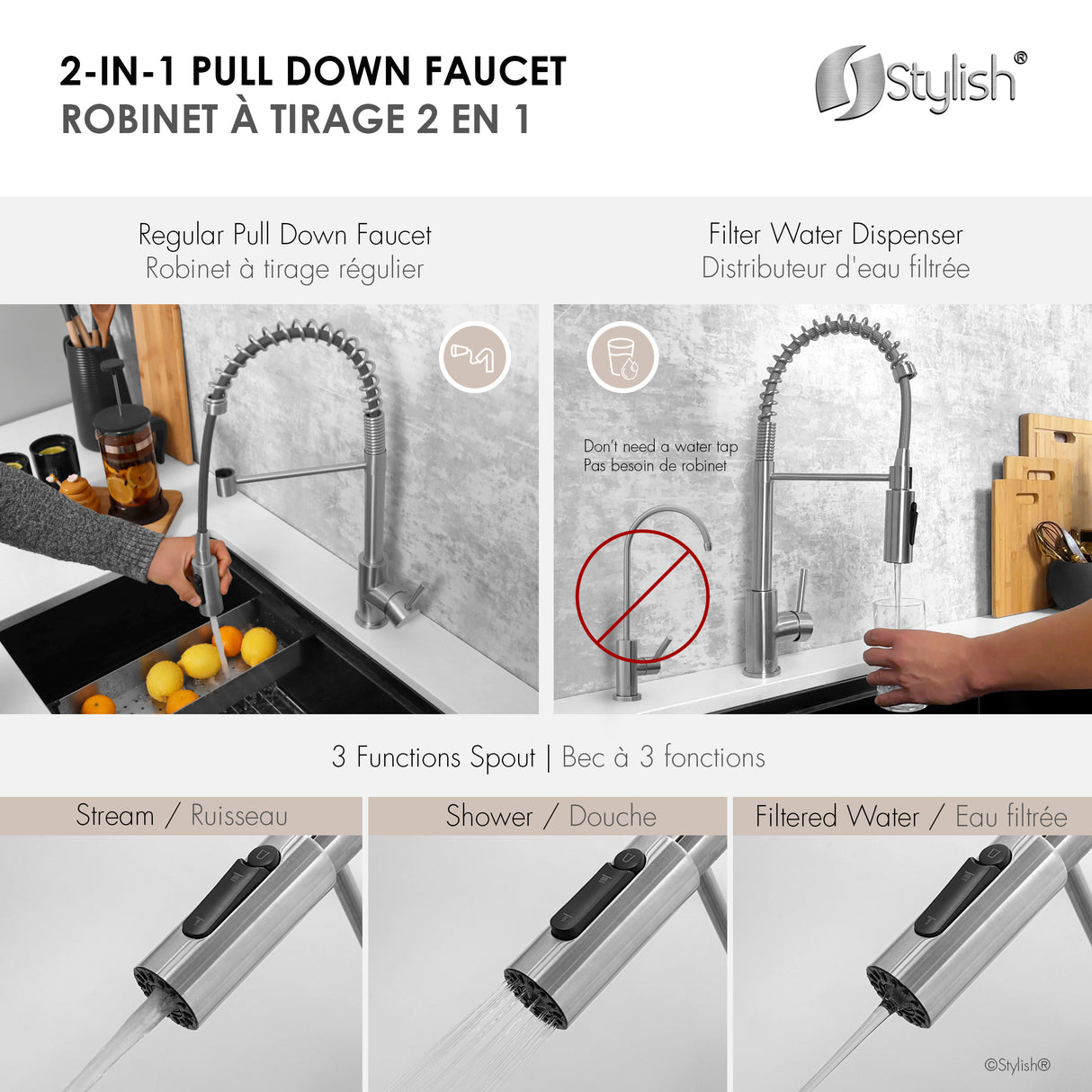 Single HandlePull-Down Kitchen Faucet with water filter. Brush.