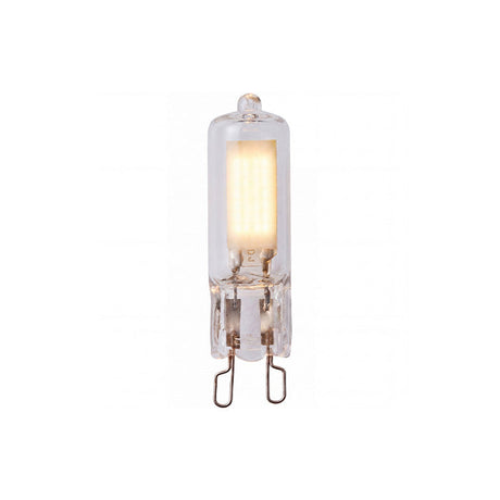 G9 Clear LED bulb shown lit, with its two-pin base