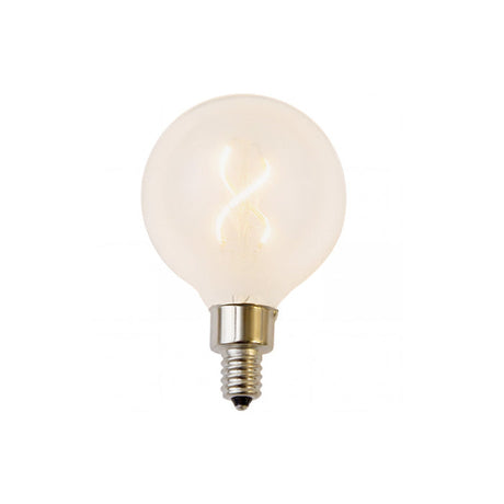 Cassio E12 G16.5 Frosted globe bulb shown lit, with a spiral filament