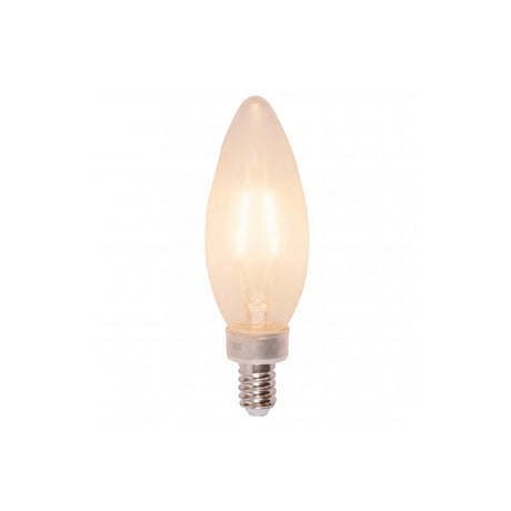 E12 B10 Frosted candelabra bulb shown lit with a 2700K glow