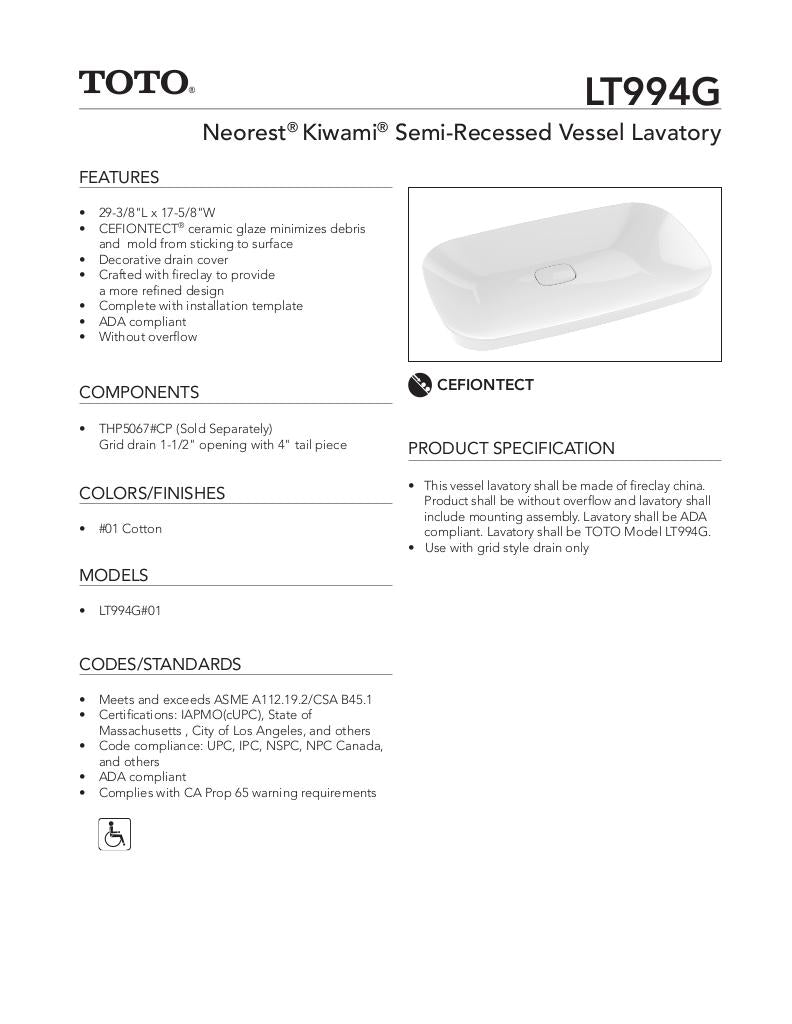 Neorest Kiwami Semi-Recessed Vessel Lavatory