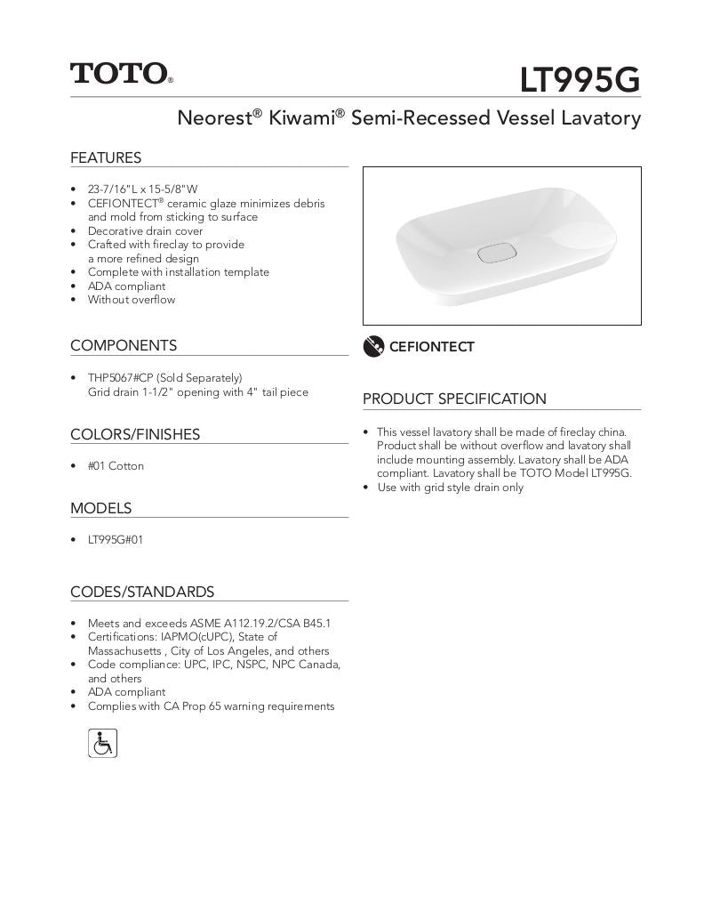 Neorest Kiwami Semi-Recessed Vessel Lavatory