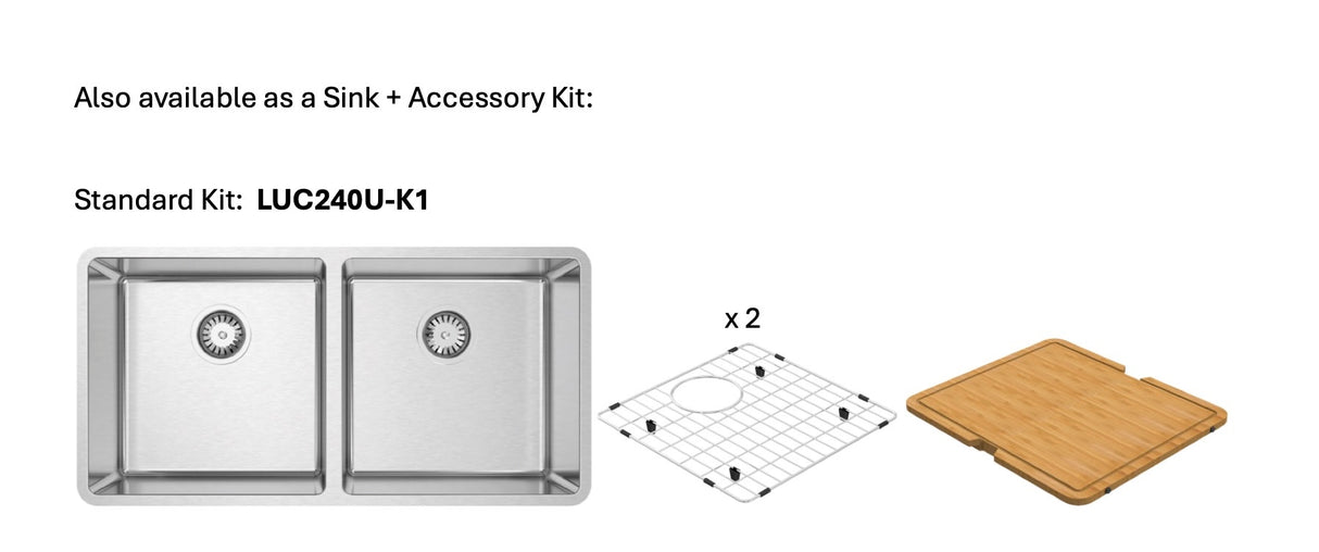 Lucia U Standard Kit 34" 50/50 Double Strd Kit - Undermount, 18 Gauge, R15 (Inc. Cut Board+Grid)