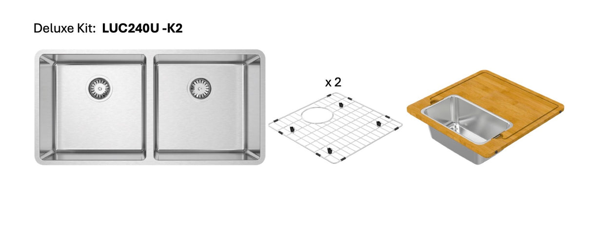 Lucia U Deluxe Kit 34" 50/50 Double Delux Kit - Undermount, 18 Gauge, R15 (Inc. ASC400LU+Grid)