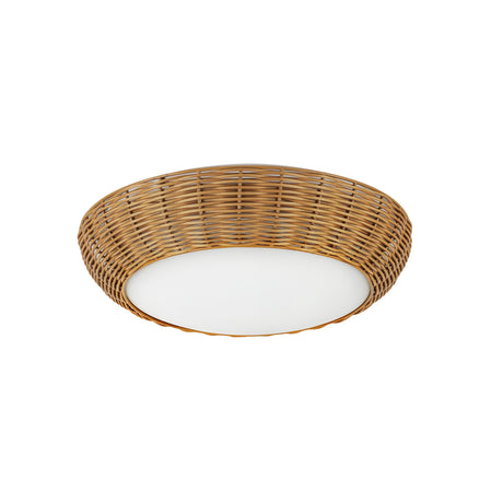 Merida 14-in flush mount with woven Rattan shade, unlit, angled view