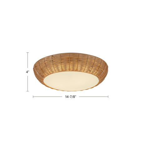 Merida 14-in Rattan flush mount photo with height and diameter dimensions