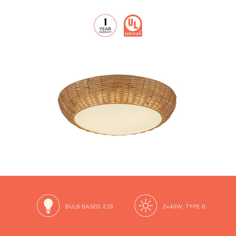 Alora Mood Merida 14-in flush mount certification and E26 bulb information graphic