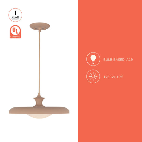 Minori 15-inch pendant in Peach with warranty, UL certification and bulb information graphic