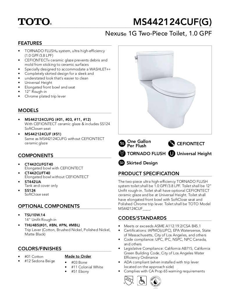 Nexus 1G Two-Piece Toilet, 1.0 GPF, Elongated Bowl