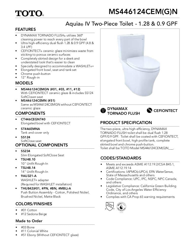 AquiaIV Toilet - 1.28 GPF & 0.9 GPF, Elongated Bowl - WASHLET+ Connection - New