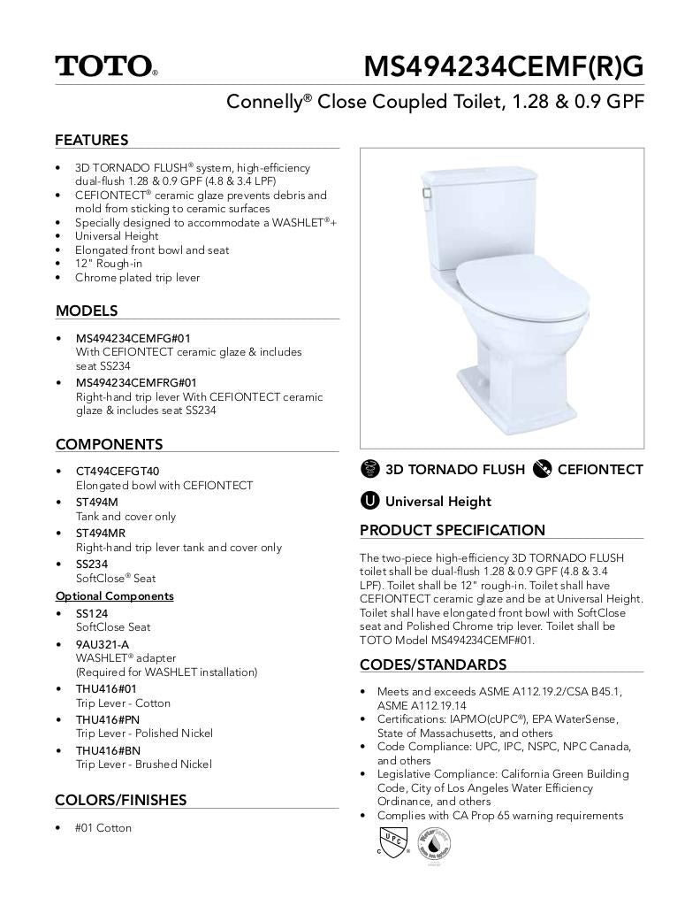 Connelly Two-Piece Toilet 1.28 GPF & 0.9 GPF -WASHLET + Connection - Slim Seat