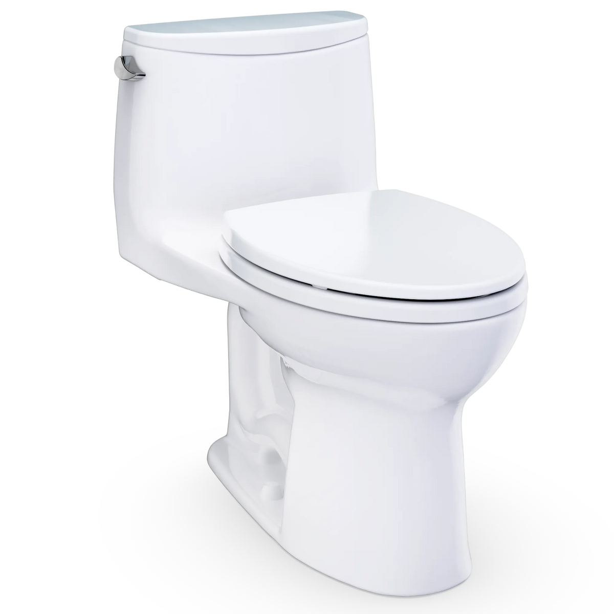 TOTO Ultramax one-piece elongated toilet in Cotton White, 1.28 GPF universal height, angled view with lid closed