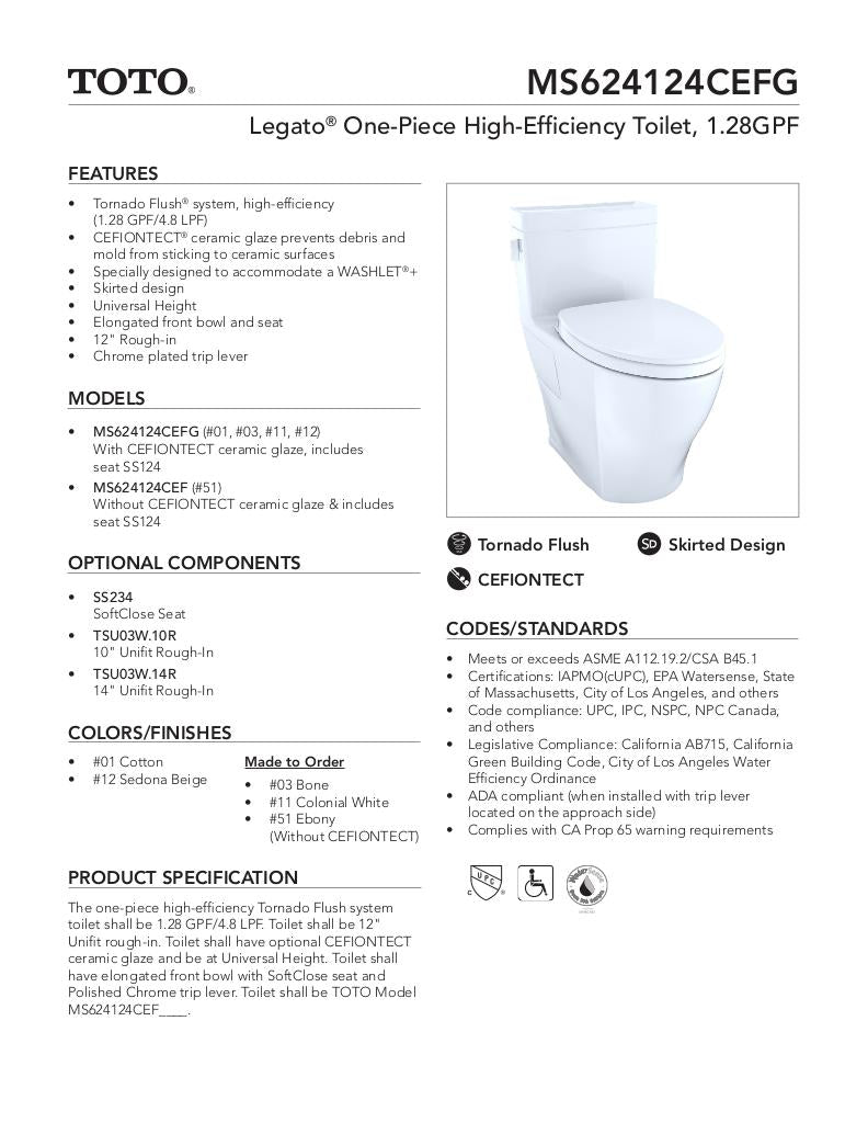 Legato One-Piece Toilet, 1.28GPF, Elongated Bowl -WASHLET + Connection