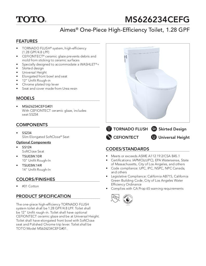 AimesOne-Piece Toilet, 1.28GPF, Elongated Bowl -WASHLET+ Connection - Slim Seat