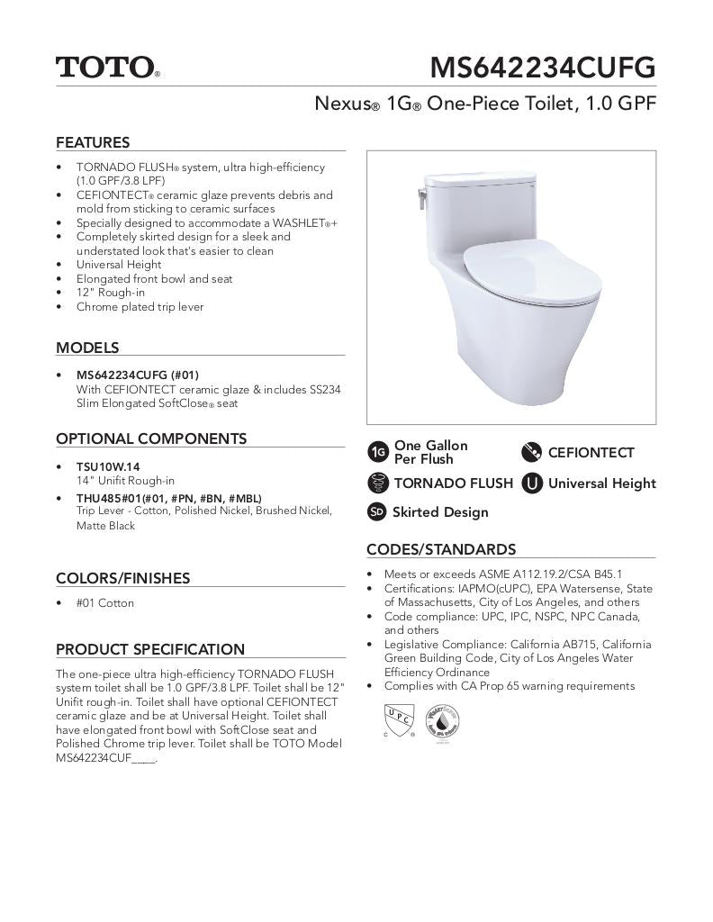Nexus 1G One-Piece Toilet, 1.0 GPF, Elongated Bowl - Slim Seat