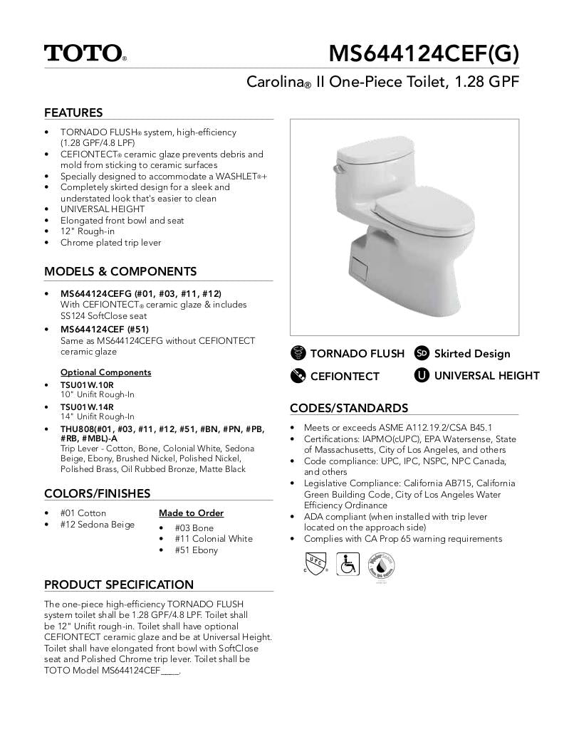Carolina II One-Piece Toilet, Elongated Bowl - 1.28 GPF - WASHLET+ Connection