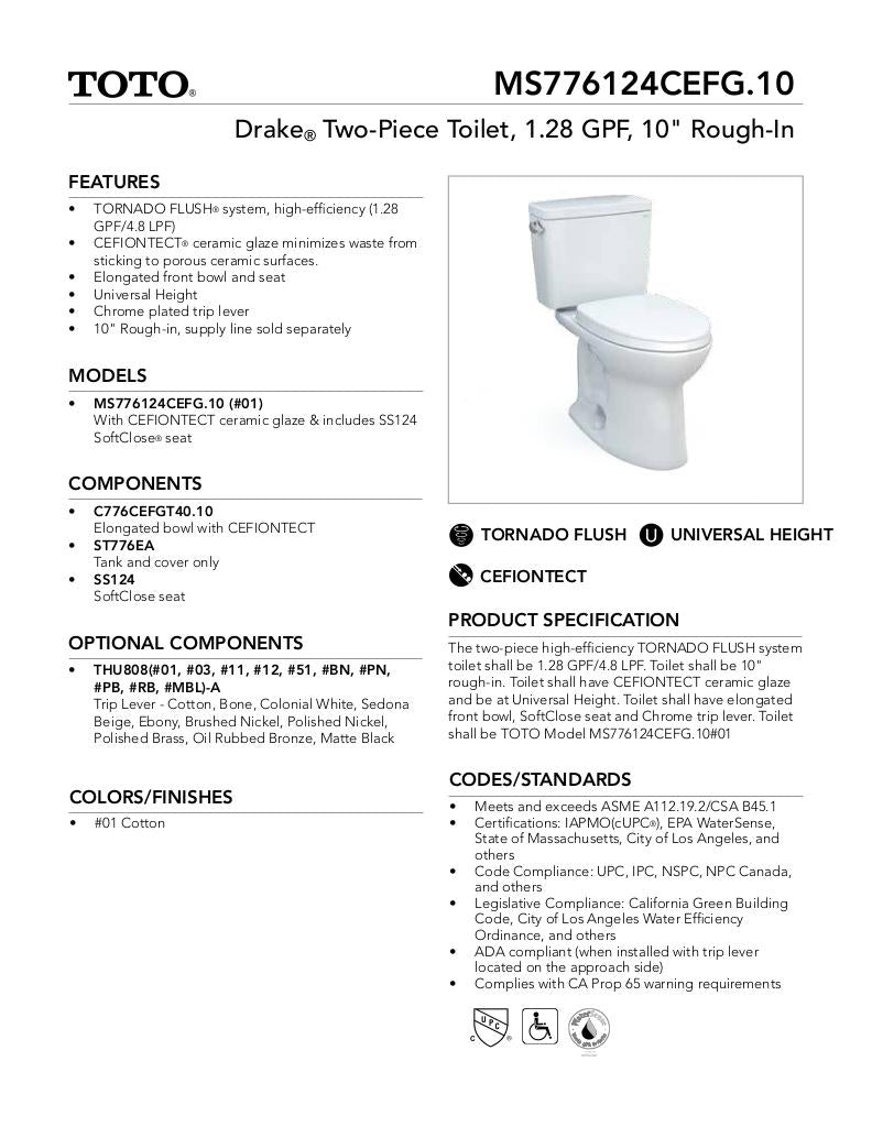 Drake Two-piece Toilet, 1.28 GPF, Elongated Bowl - Universal Height - 10inch Rough-In
